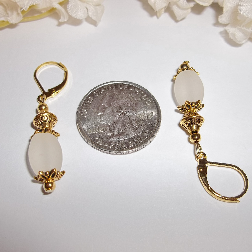 Earring Set White Frost Beach Glass & Gold 4542 - Picture 4 of 6